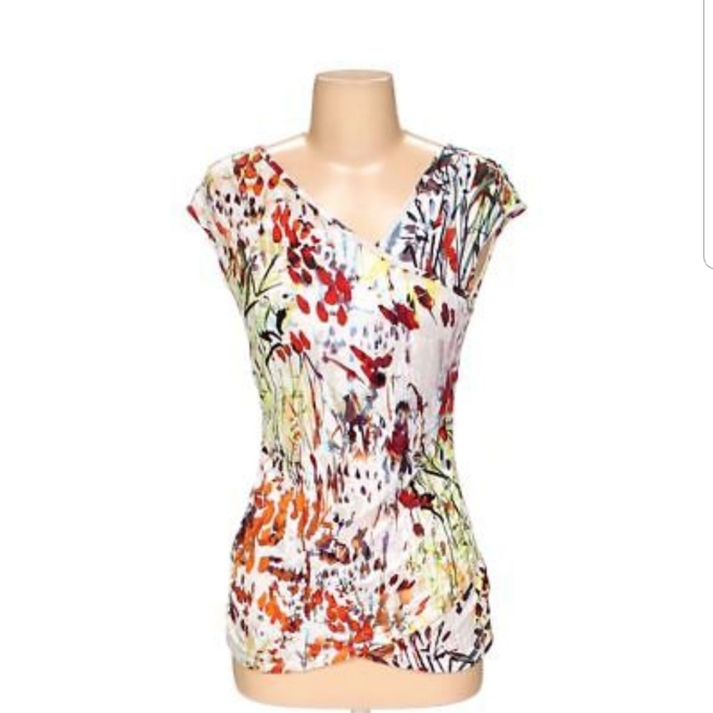 Anthropologie Floral Print Cap-Sleeve Blouse — White, Red, Orange, Green